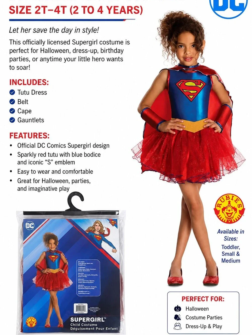 DC Comics Supergirl Toddler Costume Size 2T–4T – Rubie’s Tutu Dress Cape Belt Ga